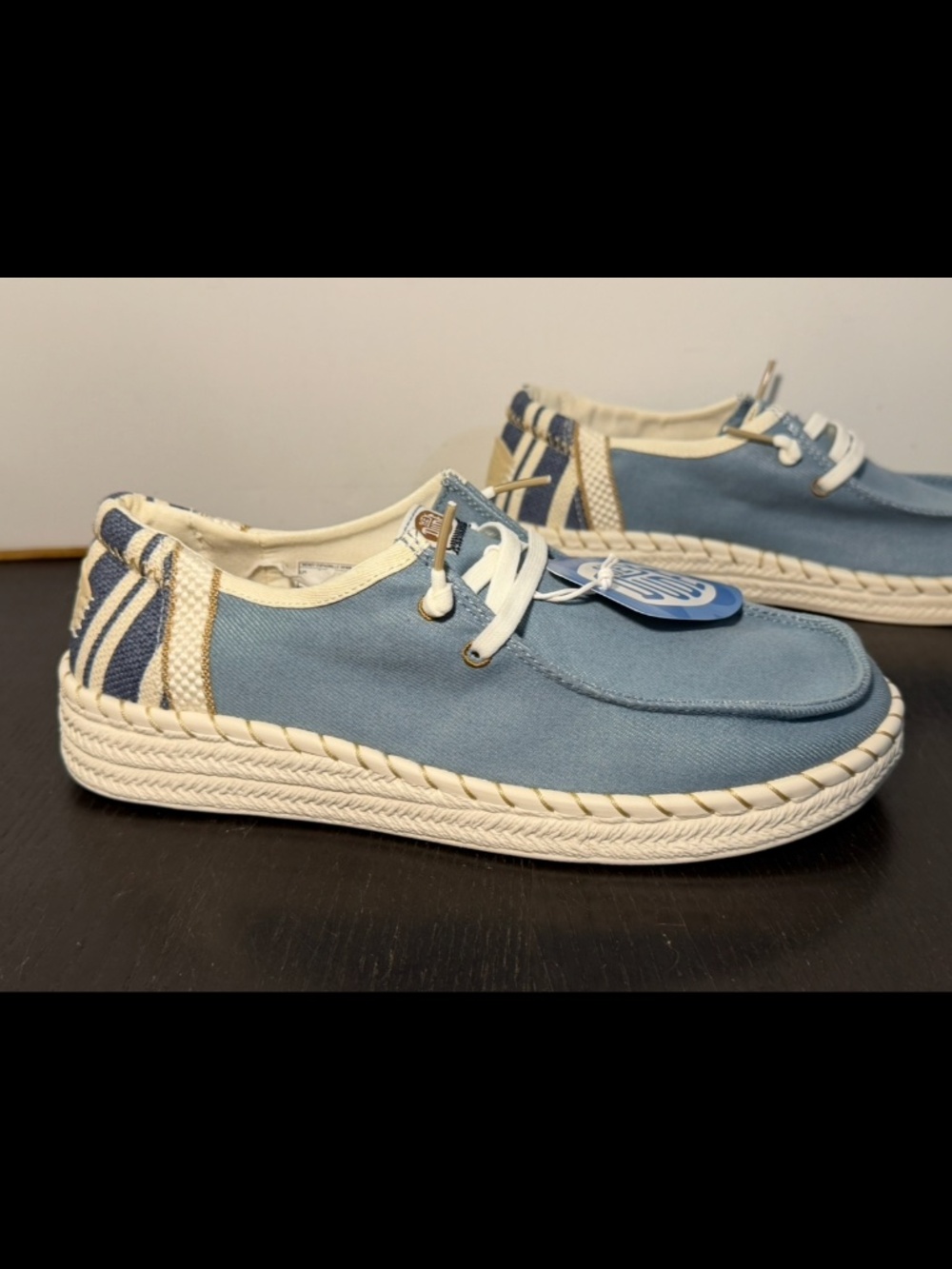 NWOB Hey Dude Wendy Espadrille Denim Light Blue/Gold Womans 9M/EU 40